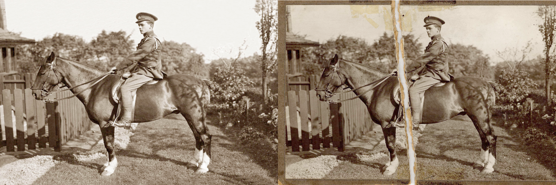 Torn picture restored of a cavalryman on his horse