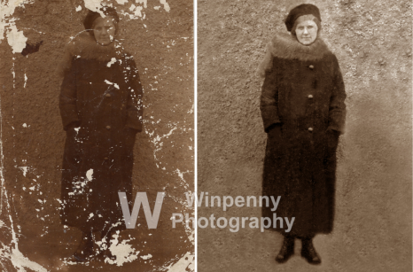 Badly damaged old photo of a woman restored
